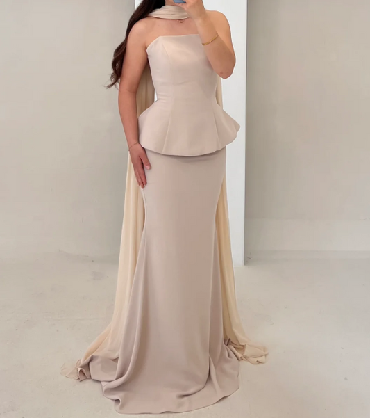 Elegant Tube Top Nude 2 pcs Mermaid Satin Prom Formal Gowns with Scarf SP012