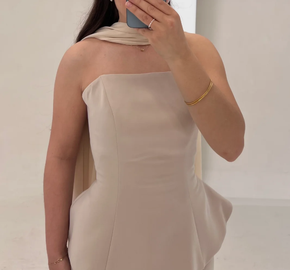 Elegant Tube Top Nude 2 pcs Mermaid Satin Prom Formal Gowns with Scarf SP012