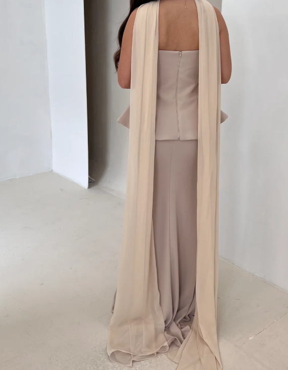 Elegant Tube Top Nude 2 pcs Mermaid Satin Prom Formal Gowns with Scarf SP012