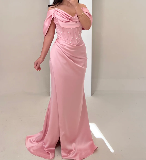 Gorgeous Pearls Pink Off-Shoulder Mermaid Pleats Satin Prom Dress SP013