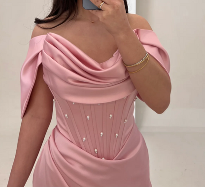 Gorgeous Pearls Pink Off-Shoulder Mermaid Pleats Satin Prom Dress SP013
