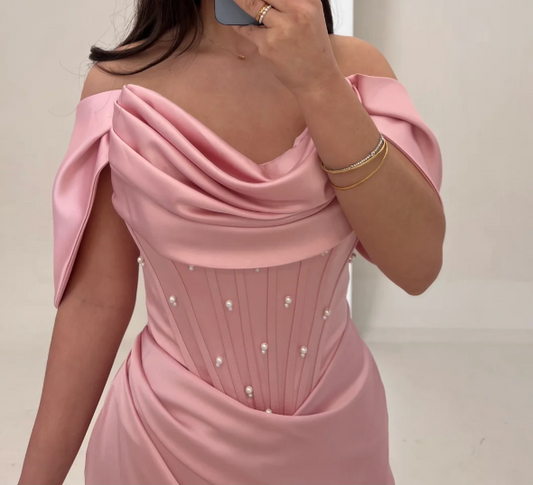 Gorgeous Pearls Pink Off-Shoulder Mermaid Pleats Satin Prom Dress SP013