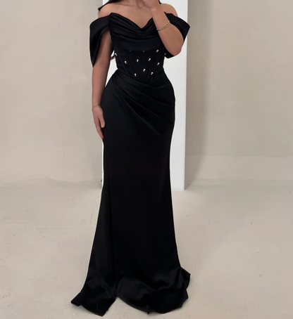 Gorgeous Pearls Pink Off-Shoulder Mermaid Pleats Satin Prom Dress SP013