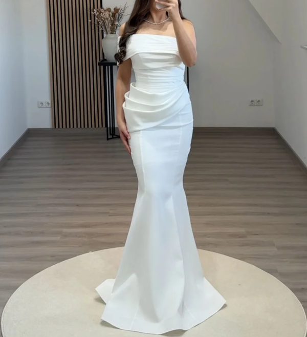 Simple White One Shoulder Mermaid Ruched Satin Prom Dress SP015