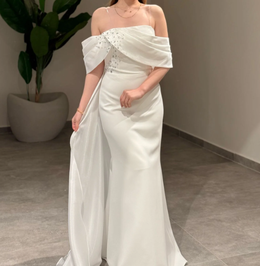 Graceful White Off-Shoulder Crystal Satin Formal Prom Dress with Overskirt SP043