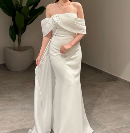 Graceful White Off-Shoulder Crystal Satin Formal Prom Dress with Overskirt SP043