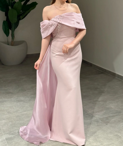 Graceful White Off-Shoulder Crystal Satin Formal Prom Dress with Overskirt SP043