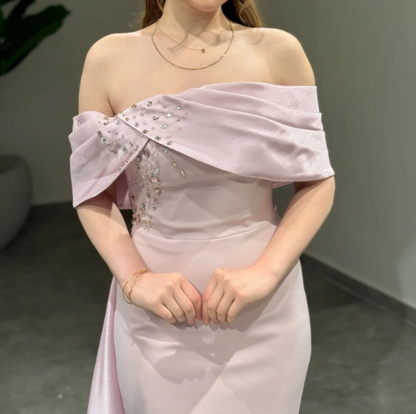 Graceful White Off-Shoulder Crystal Satin Formal Prom Dress with Overskirt SP043