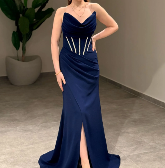 Elegant Beaded Navy Blue Strapless Sheath Satin Prom Formal Dress with Slit SP044