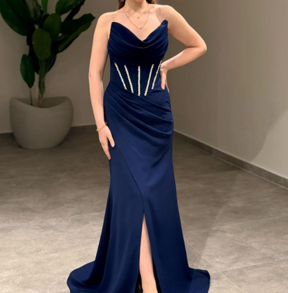 Elegant Beaded Navy Blue Strapless Sheath Satin Prom Formal Dress with Slit SP044