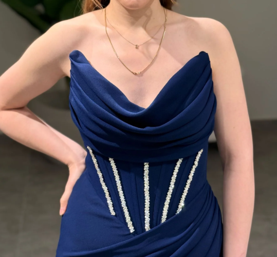 Elegant Beaded Navy Blue Strapless Sheath Satin Prom Formal Dress with Slit SP044