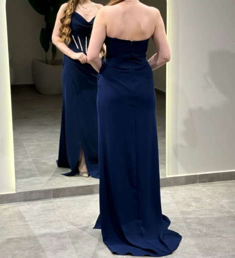 Elegant Beaded Navy Blue Strapless Sheath Satin Prom Formal Dress with Slit SP044