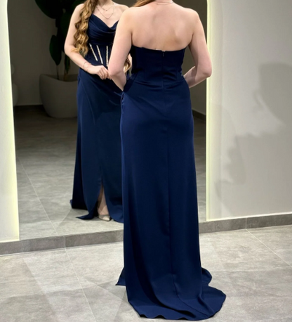 Elegant Beaded Navy Blue Strapless Sheath Satin Prom Formal Dress with Slit SP044