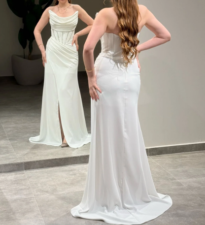 Elegant Beaded Navy Blue Strapless Sheath Satin Prom Formal Dress with Slit SP044