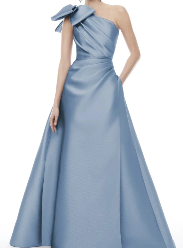 Elegant Lilac One Shoulder Bow Satin Prom Dress with Overskirt SP018