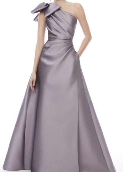 Elegant Lilac One Shoulder Bow Satin Prom Dress with Overskirt SP018