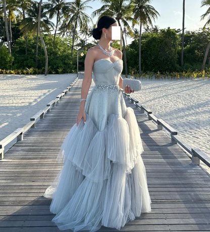 Charming Grey Crystal A-Line Sweetheart Tiered Lace Prom Party Dress LP013