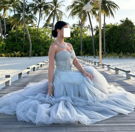 Charming Grey Crystal A-Line Sweetheart Tiered Lace Prom Party Dress LP013