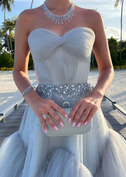 Charming Grey Crystal A-Line Sweetheart Tiered Lace Prom Party Dress LP013