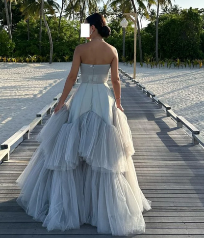 Charming Grey Crystal A-Line Sweetheart Tiered Lace Prom Party Dress LP013