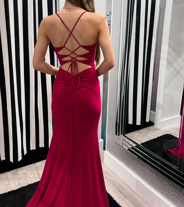 Simple Burgundy Spaghetti Straps Sheath Lace-Up Prom Party Dress SP017