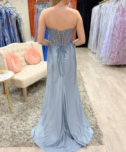 Luxury Beaded Blue Sleeveless High Slit Satin Prom Dress with Appliques LP010