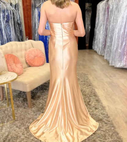 Classic Sweetheart Red Sheath Pleated Satin Prom Dress with Slit SP016