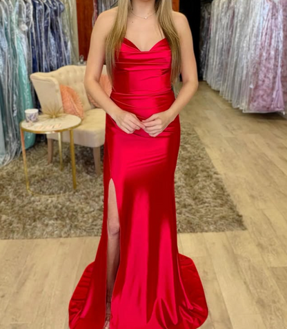 Classic Sweetheart Red Sheath Pleated Satin Prom Dress with Slit SP016