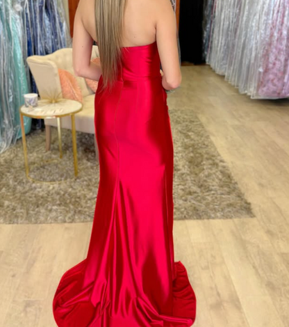 Classic Sweetheart Red Sheath Pleated Satin Prom Dress with Slit SP016