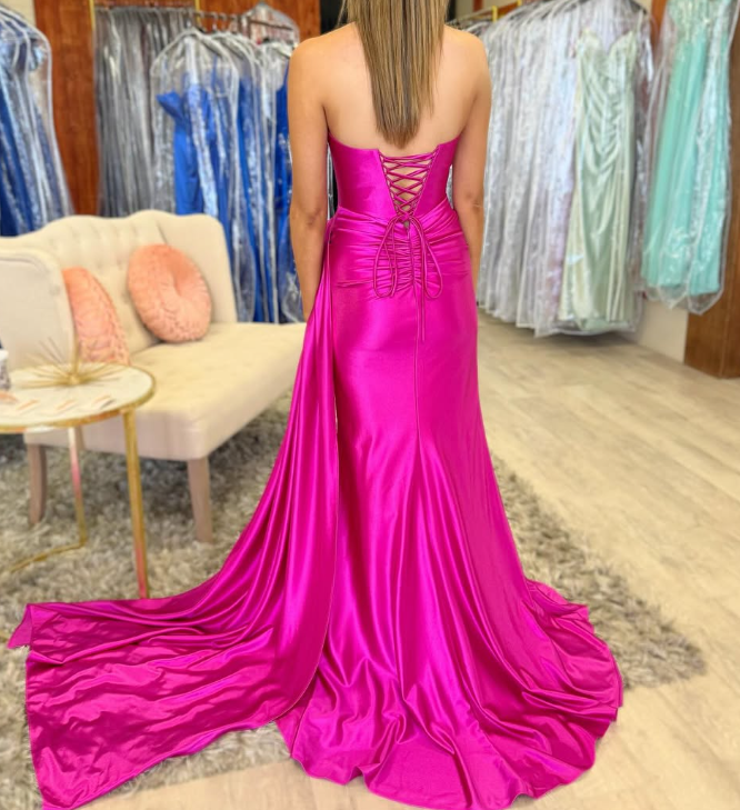Elegant Fuchsia Sweetheart Sheath Draped Satin Prom Formal Dress SP010