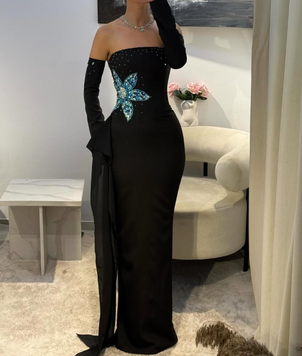Luxury Crystal Black Strapless Mermaid Satin Prom Dress with Sleeves LP002