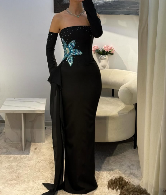 Luxury Crystal Black Strapless Mermaid Satin Prom Dress with Sleeves LP002