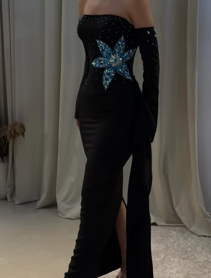 Luxury Crystal Black Strapless Mermaid Satin Prom Dress with Sleeves LP002