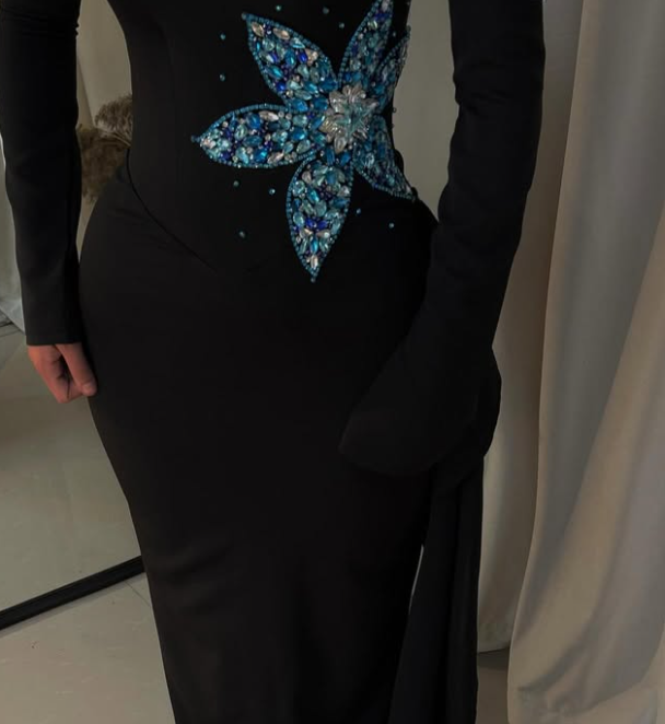 Luxury Crystal Black Strapless Mermaid Satin Prom Dress with Sleeves LP002