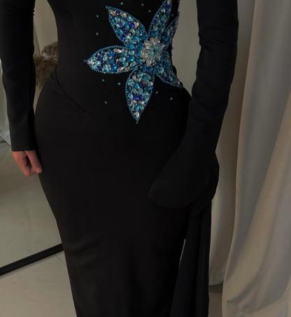 Luxury Crystal Black Strapless Mermaid Satin Prom Dress with Sleeves LP002