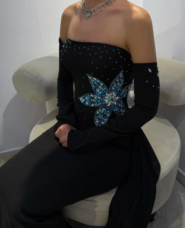 Luxury Crystal Black Strapless Mermaid Satin Prom Dress with Sleeves LP002