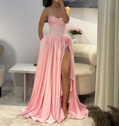 Charming Pink A-Line Crystal Satin Evening Prom Dress with Slit SP042