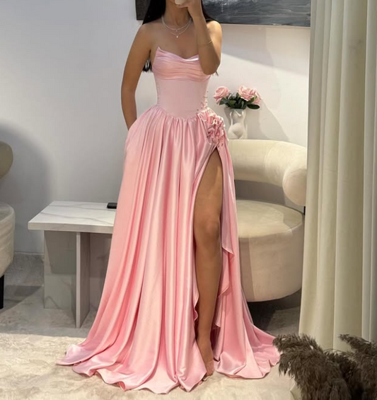 Charming Pink A-Line Crystal Satin Evening Prom Dress with Slit SP042