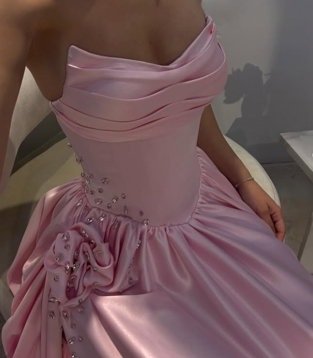 Charming Pink A-Line Crystal Satin Evening Prom Dress with Slit SP042