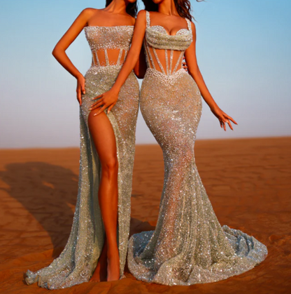 Glamorous Beaded Silver Tube Top Sleeveless Prom Party Dress with Slit LP006