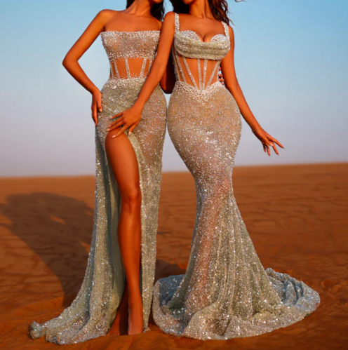 Glamorous Beaded Silver Tube Top Sleeveless Prom Party Dress with Slit LP006