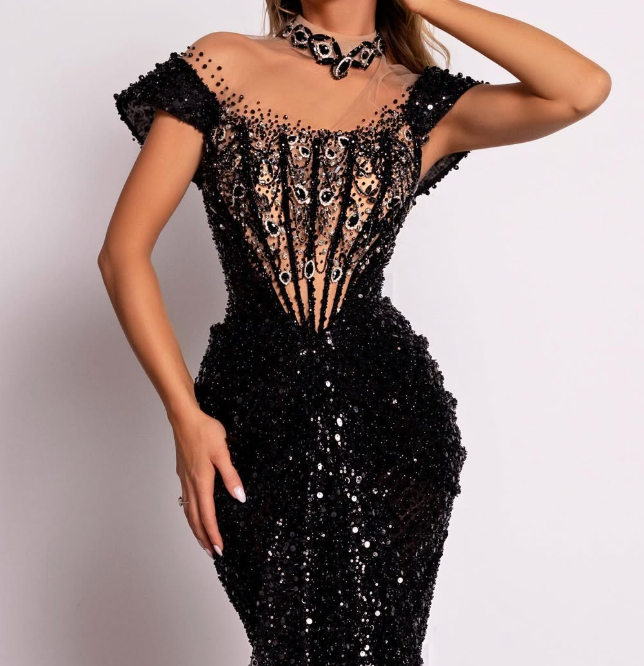 Elegant Black Crystal High Neck Mermaid Sequin Prom Dress with Sleeves LP008