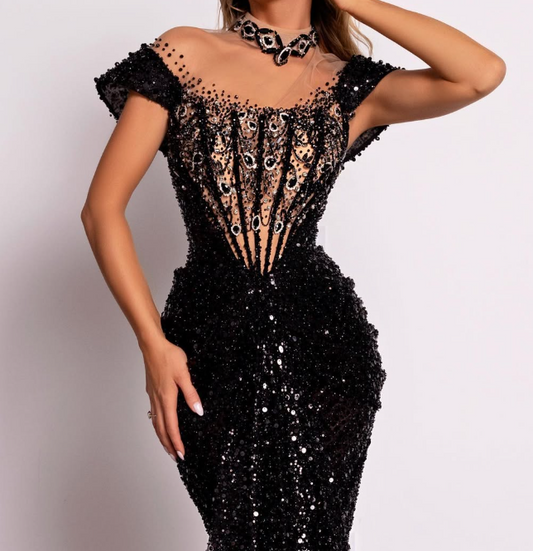 Elegant Black Crystal High Neck Mermaid Sequin Prom Dress with Sleeves LP008