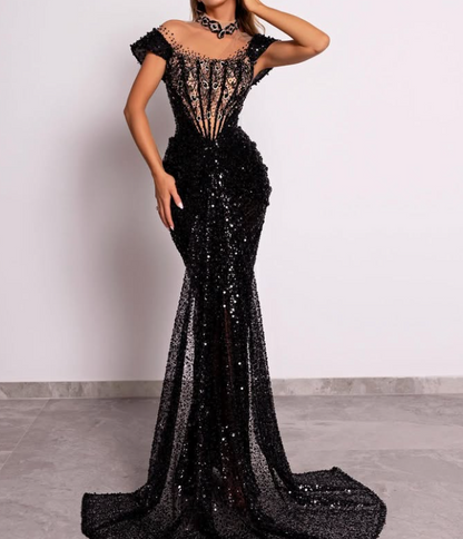 Elegant Black Crystal High Neck Mermaid Sequin Prom Dress with Sleeves LP008