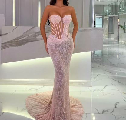 Sexy Mermaid Pink Sweetheart Sleeveless Stripe Prom Dress with Train LP011