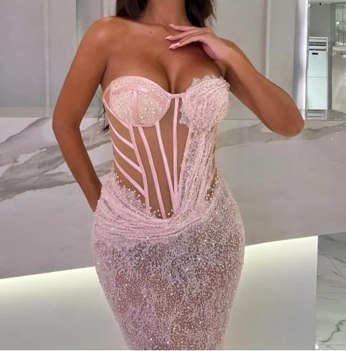 Sexy Mermaid Pink Sweetheart Sleeveless Stripe Prom Dress with Train LP011