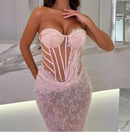 Sexy Mermaid Pink Sweetheart Sleeveless Stripe Prom Dress with Train LP011