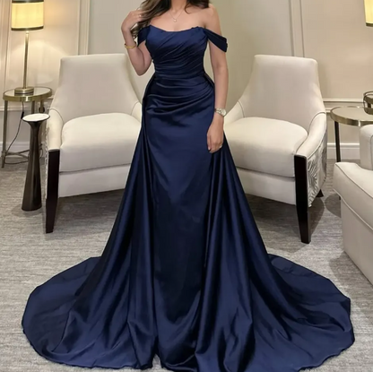 Elegant Navy Blue Off-Shoulder Satin Prom Dress with Overskirt SP020