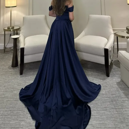 Elegant Navy Blue Off-Shoulder Satin Prom Dress with Overskirt SP020