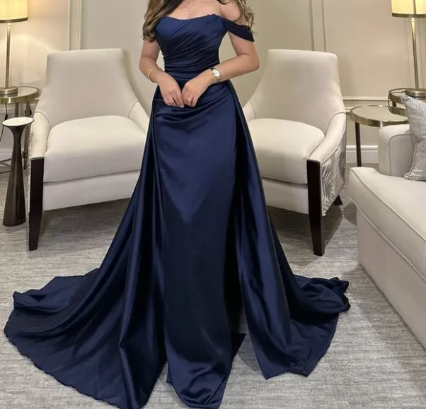 Elegant Navy Blue Off-Shoulder Satin Prom Dress with Overskirt SP020